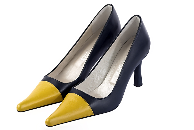 Yellow and navy blue women's dress pumps,with a square neckline. Pointed toe. High slim heel. Front view - Florence KOOIJMAN